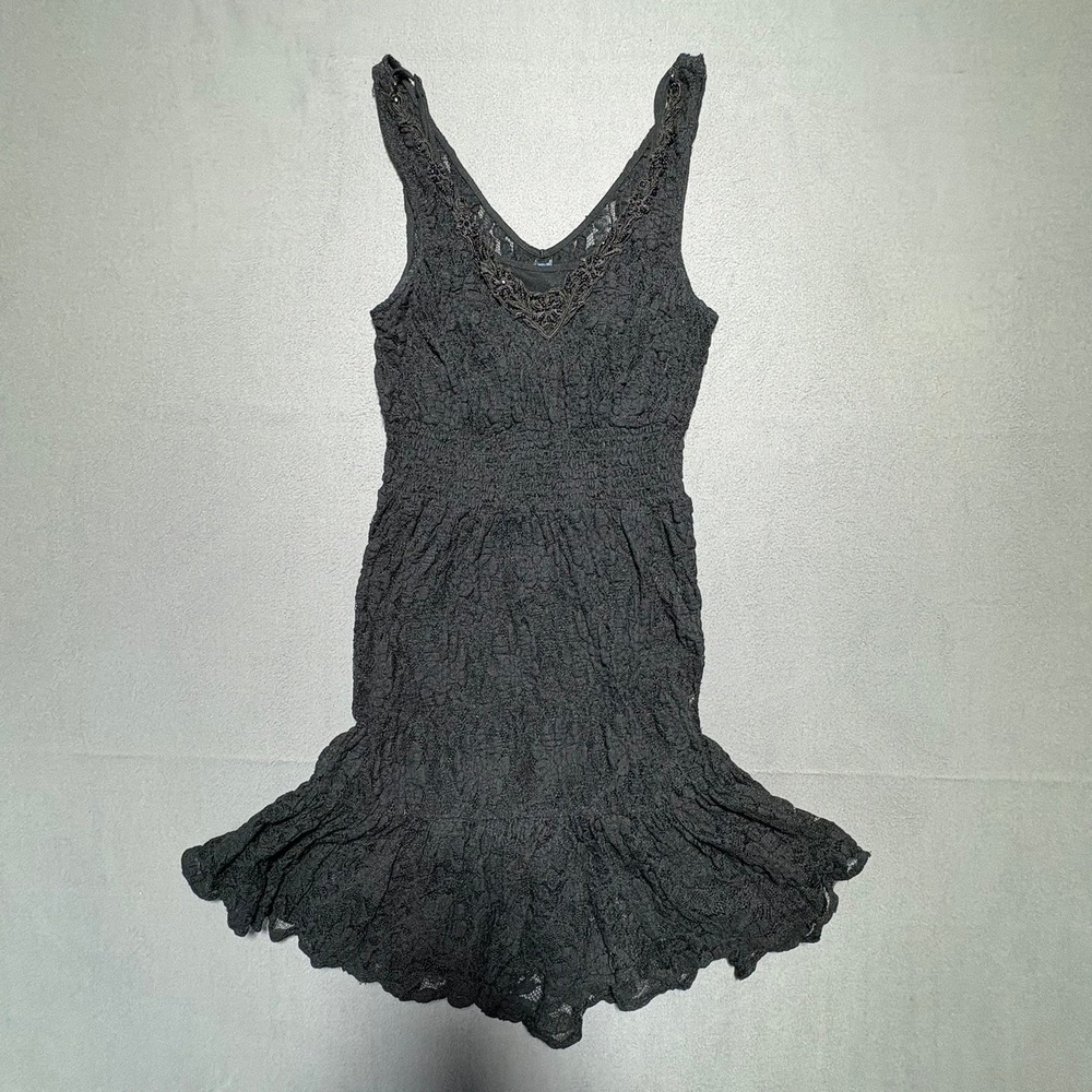 Free People Black Lace Beaded V-Neck Smocked Ruffle Mini Dress Small